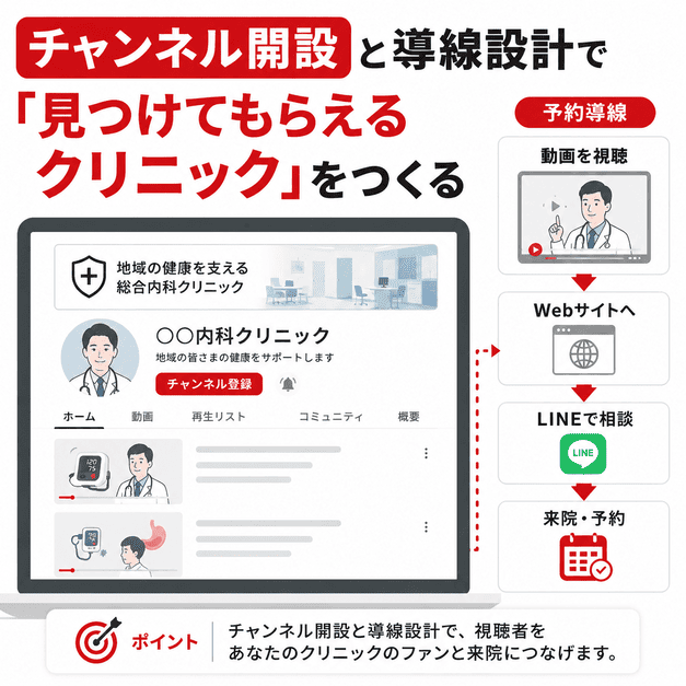 総合内科クリニックのチャンネル開設と予約導線設計を分かりやすく示したイラスト