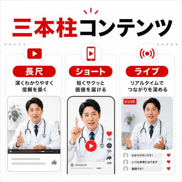 長尺動画、ショート動画、ライブ配信の三本柱で医療情報を発信する様子を示したイラスト