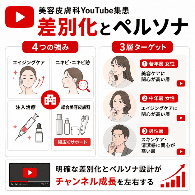 美容皮膚科YouTube運用で差別化ポジションと若年女性・中年女性・男性の三層ペルソナを整理している図