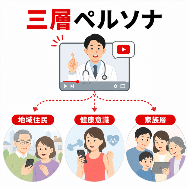 地域住民、健康意識層、家族層の三層ペルソナに向けて動画を届ける構成を示したイラスト