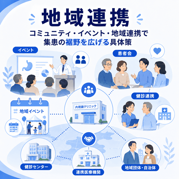 消化器内科・内視鏡クリニックが地域イベント、患者会、健診センター、連携医療機関とつながる地域連携のイラスト
