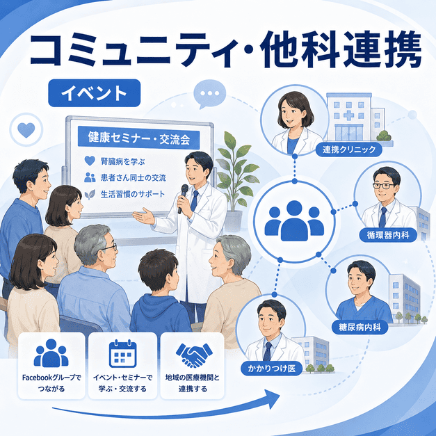 患者会・健康セミナー・地域医療機関との連携で集患を広げる様子を表したイラスト