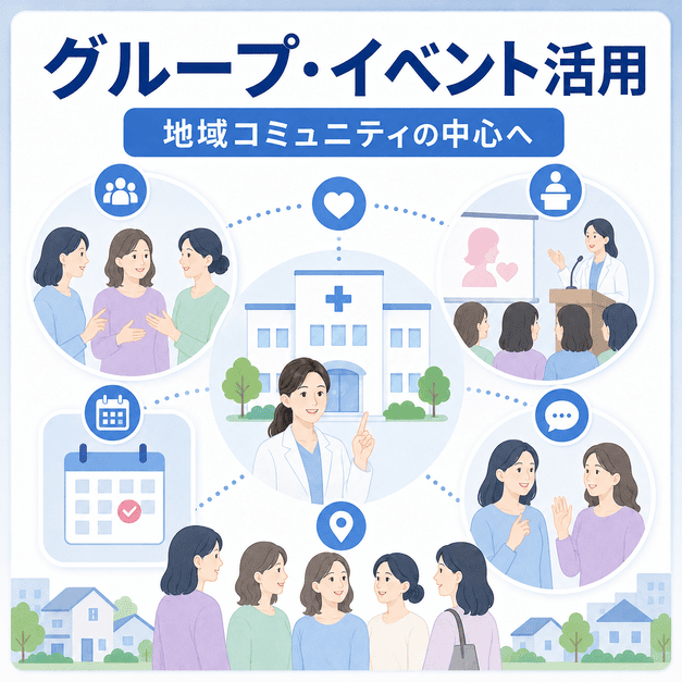 Facebookグループやイベント機能を活用し、レディースクリニックが地域コミュニティの中心になる流れを示したイラスト