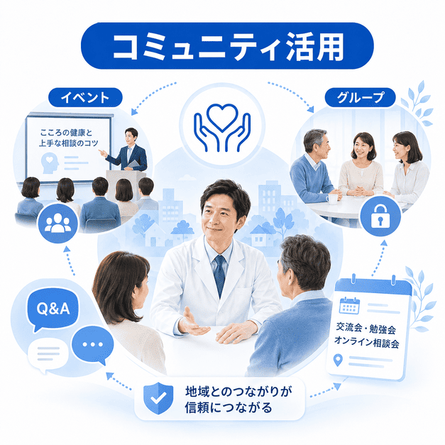 心療内科の地域イベント、グループ、Q&Aを通じて信頼形成するコミュニティ活用の図解