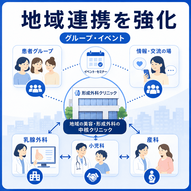 Facebookグループやイベント機能を活用し、乳腺外科や小児科と地域連携を強化するイメージ