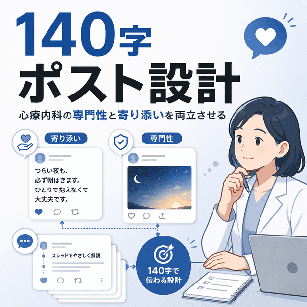 心療内科の専門性と寄り添いを140字ポストで両立させる設計を表したイラスト