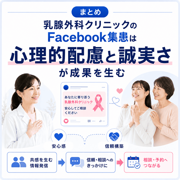 乳腺外科クリニックのFacebook集患で心理的配慮と誠実な情報発信が相談や予約につながることを表したまとめイラスト