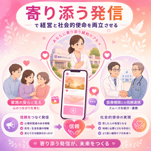 緩和ケアクリニックの寄り添うInstagram発信が、家族支援・医療連携・社会的使命の実現につながることを示したまとめ用イラスト