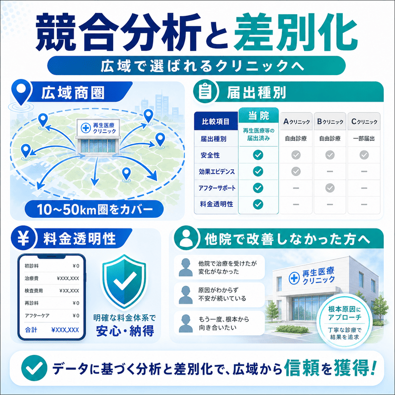 広域商圏、届出種別の比較、料金透明性、他院で改善しなかった患者への訴求をまとめた競合分析と差別化のイラスト