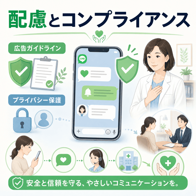 医療広告ガイドラインやプライバシー保護に配慮しながら、心療内科の患者を守るLINE配信を示したイラスト