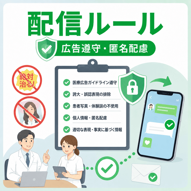 医療広告ガイドラインを守り、匿名性やプライバシーに配慮したLINE配信ルールを示したイラスト
