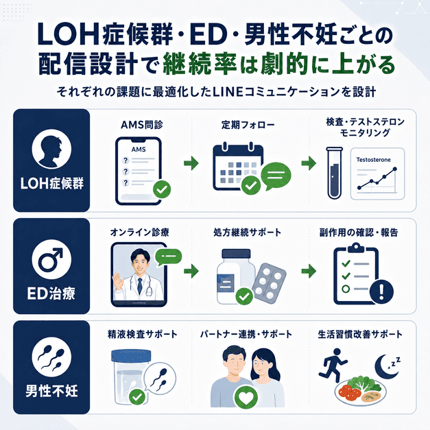 LOH症候群・ED治療・男性不妊それぞれに合わせたLINE配信設計で継続率を高める流れ