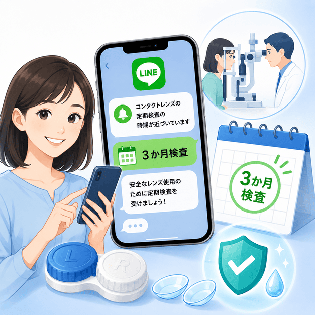 コンタクトレンズ利用者にLINEで3ヶ月ごとの定期検査を案内し安全な使用を促すイメージ