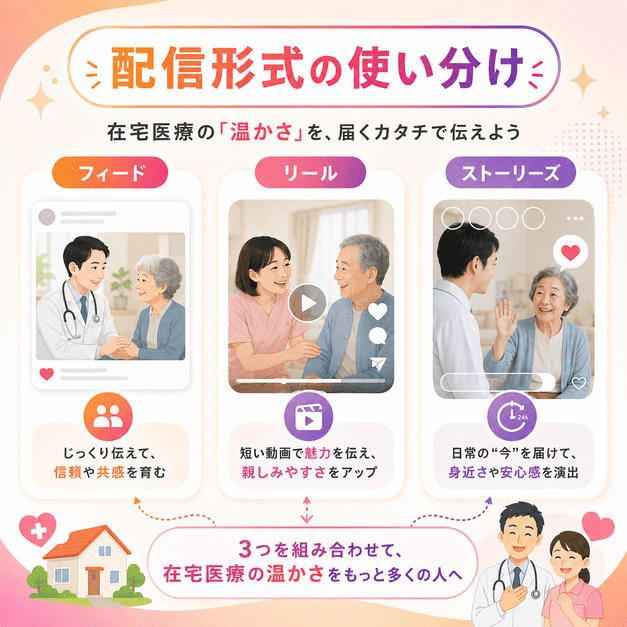 フィード、リール、ストーリーズを使い分けて在宅医療の温かさを届ける配信設計のイラスト