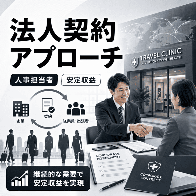 企業人事担当者との法人契約により、海外赴任者や出張者の継続的なワクチン需要を生む様子を示したイラスト