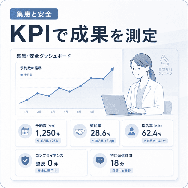 カウンセリング予約数、契約率、医師指名率、コンプライアンス状況を測定するKPIダッシュボードのイラスト