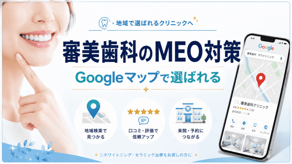 審美歯科・ホワイトニングのMEO対策でGoogleマップから選ばれるクリニックを表したアイキャッチ画像