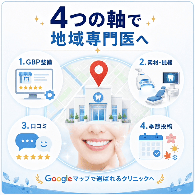 GBP整備、素材・機器の透明訴求、口コミ、季節投稿の4軸で地域専門医ポジションを確立するまとめ図