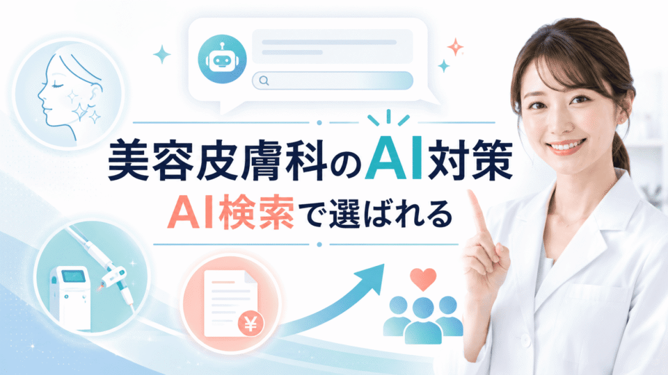 美容皮膚科クリニックがAI検索で患者から選ばれるためのLLMO対策を表したアイキャッチ画像