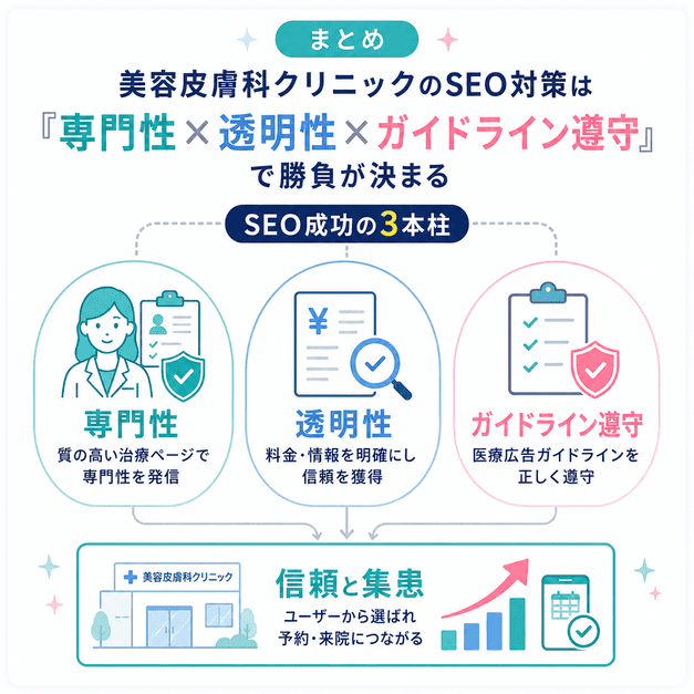 美容皮膚科SEOの成功要素である専門性、透明性、ガイドライン遵守を3本柱としてまとめた図