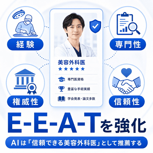 美容外科医の経験・専門性・権威性・信頼性を高めてAIから推薦される流れを示した図解