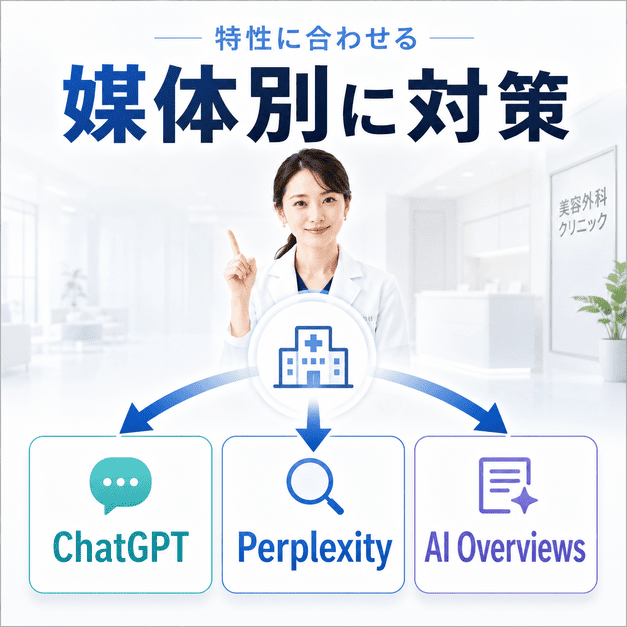ChatGPT・Perplexity・AI OverviewsなどAI媒体ごとの特性に合わせて対策する様子を示した図解