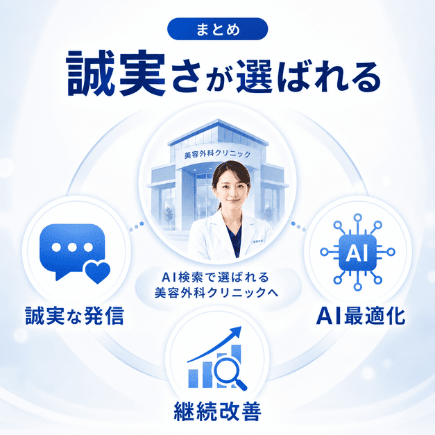 誠実な情報発信・AI最適化・継続改善によって美容外科クリニックがAI検索で選ばれることをまとめた図解