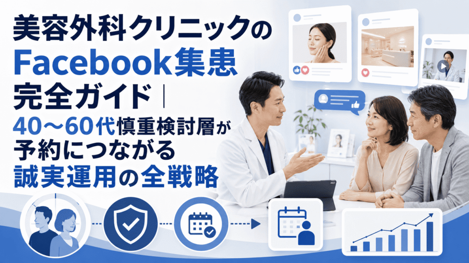 美容外科クリニックのFacebook集患戦略を、医師との相談場面やSNS投稿、予約導線、分析グラフで表したアイキャッチ画像