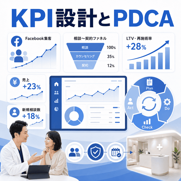 美容外科クリニックのFacebook集患成果をKPIダッシュボードとPDCAで可視化するイラスト