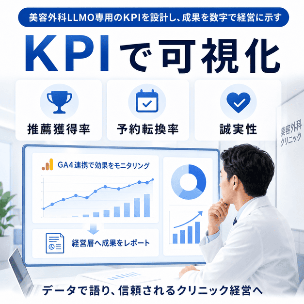 美容外科LLMOの成果をKPIで可視化し経営判断に活かす流れを示した図解