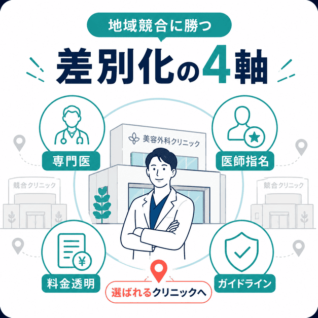美容外科クリニックが地域競合に勝つための専門医・医師指名・料金透明性・ガイドライン遵守の4軸を示した図