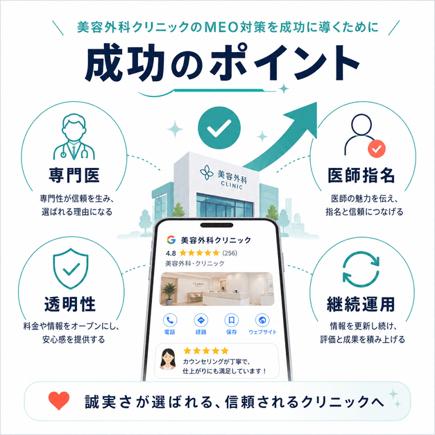 専門医・医師指名・透明性・継続運用を軸に美容外科MEO対策を成功へ導く要点をまとめた図