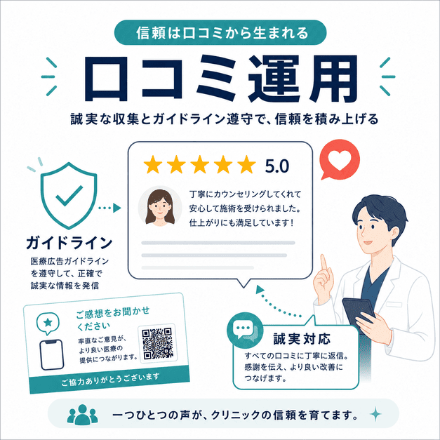 美容外科の口コミをガイドラインに沿って誠実に集め返信する口コミ運用を示した図