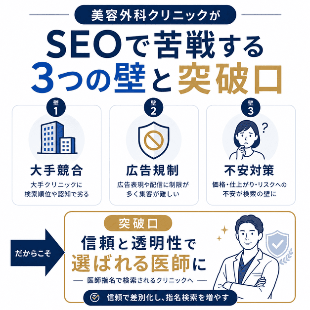 美容外科クリニックがSEOで直面する大手競合・広告規制・患者不安の3つの壁と突破口を示した図