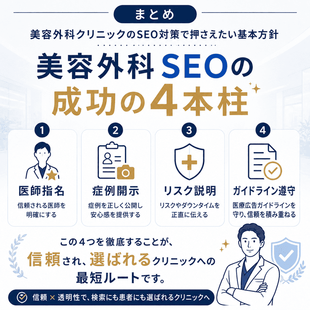 美容外科SEOで重要な医師指名・症例開示・リスク説明・ガイドライン遵守の4本柱をまとめた図
