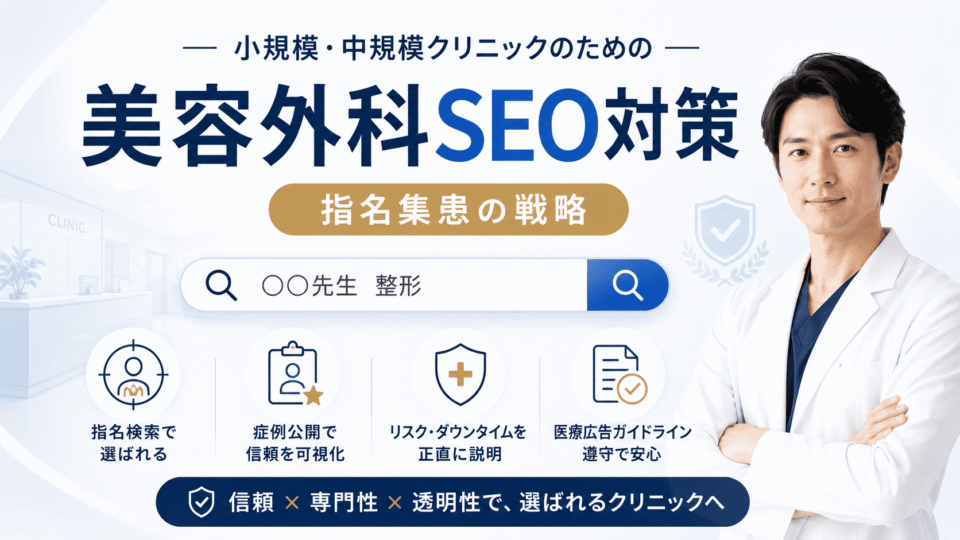 美容外科クリニックのSEO対策で医師指名や症例開示、リスク説明を軸に集患する戦略を表したアイキャッチ画像