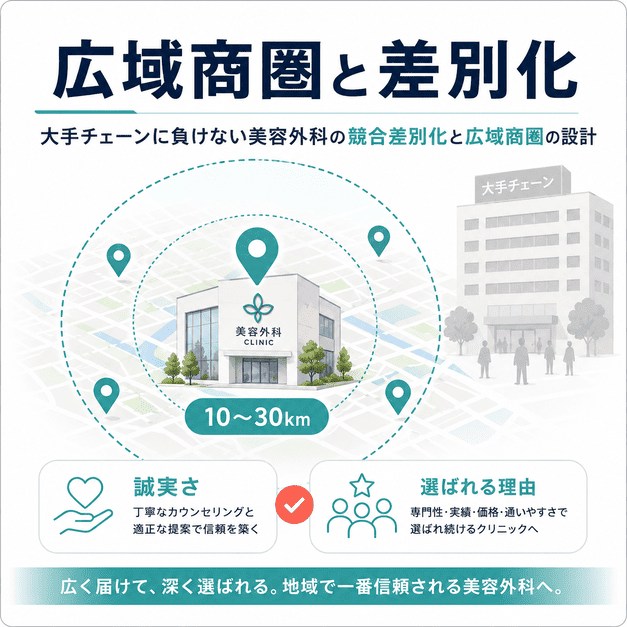 大手チェーンに負けないための広域商圏設計と美容外科クリニックの差別化戦略を示した図
