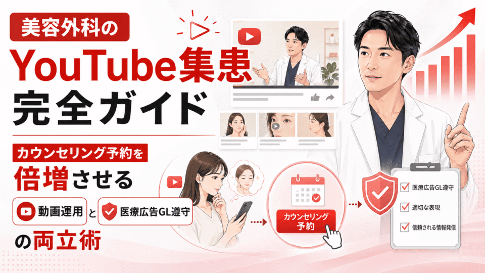 美容外科クリニックのYouTube集患で、動画運用と医療広告ガイドライン遵守を両立しながらカウンセリング予約を増やす流れを示したイラスト