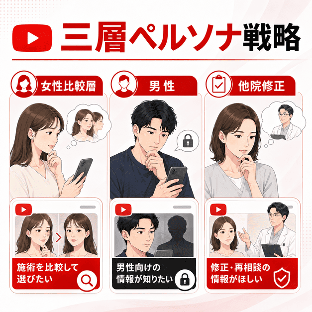 女性比較層、男性ペルソナ、他院修正希望者の三層に分けてYouTube配信内容を設計するイラスト