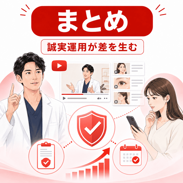 美容外科YouTube集患で誠実な情報発信、医療広告ガイドライン遵守、予約導線の重要性をまとめたイラスト