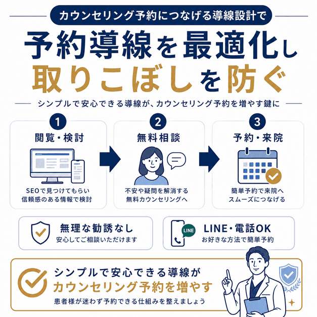 閲覧から無料相談、予約・来院へつなげる美容外科クリニックのカウンセリング予約導線を示した図