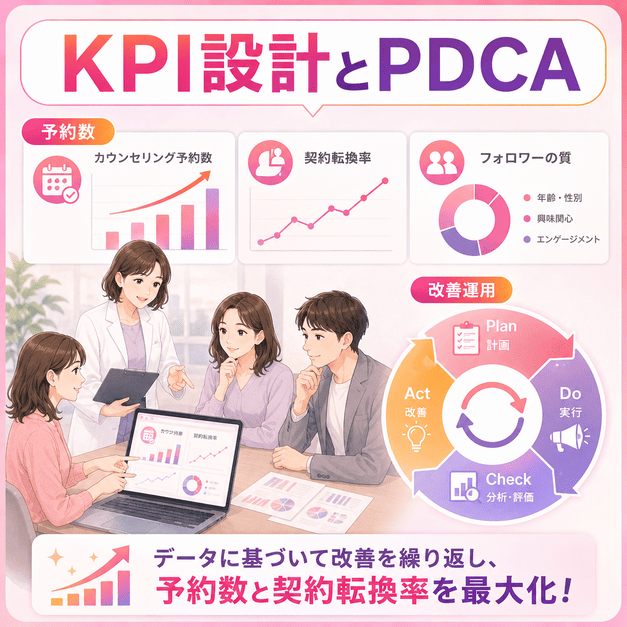 カウンセリング予約数や契約転換率をKPIで管理しPDCA改善するダッシュボード運用のイラスト