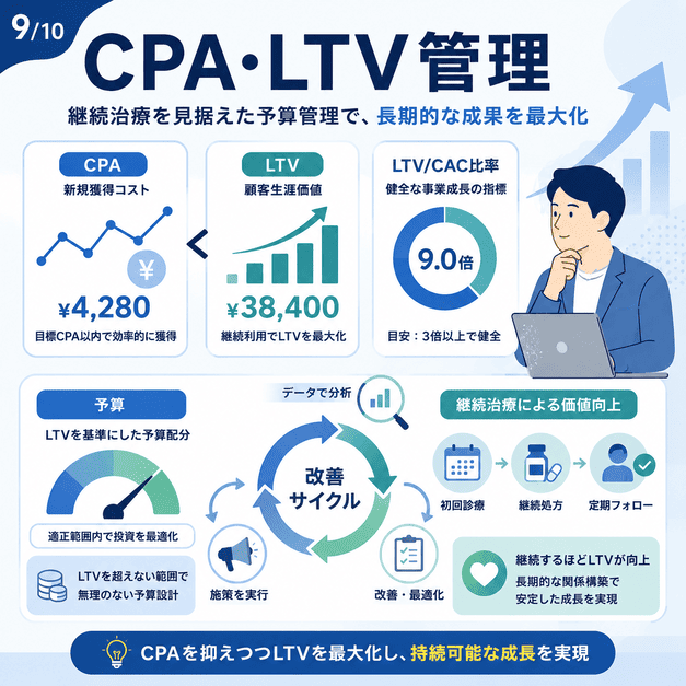 メンズヘルス広告のCPA、LTV、予算配分、改善サイクルを管理し継続治療の価値を高める図解