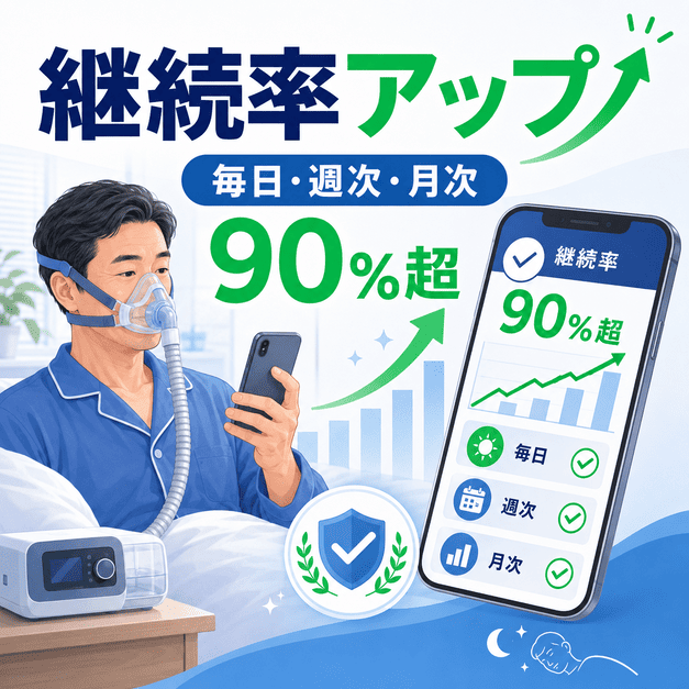 CPAP患者へ毎日・週次・月次のフィードバックを配信し、継続率向上を支援する様子を表したイラスト