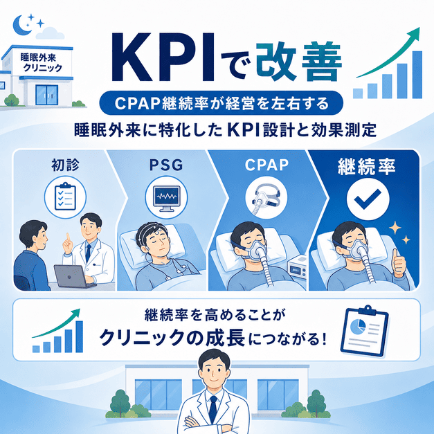 初診、PSG、CPAP導入、継続率をKPIとして測定し、睡眠外来の経営改善につなげる流れを図解