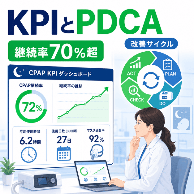 CPAP継続率や使用状況をKPIで確認し、PDCAサイクルで睡眠外来のLINE運用を改善するイラスト