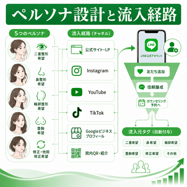 目元・鼻・輪郭・豊胸・修正希望のペルソナと、WebサイトやSNSからLINEへ流入する経路を整理したイメージ