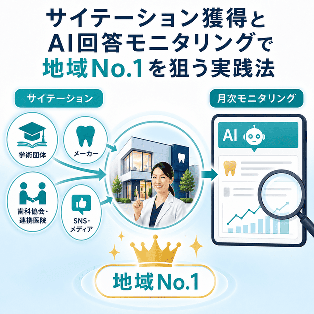 学会・メーカー・地域連携・SNSからのサイテーション獲得とAI回答の月次モニタリングで地域評価を高める流れを示した図