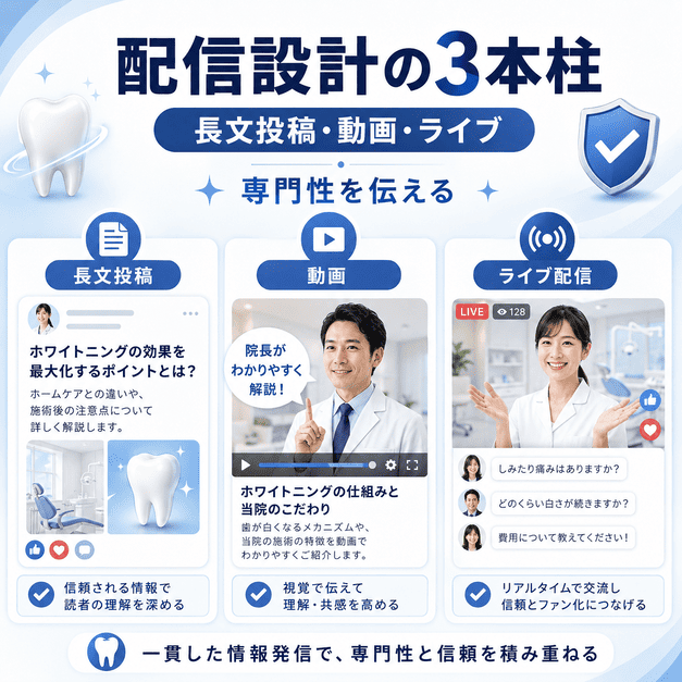 長文投稿、動画、ライブ配信の3本柱で審美歯科・ホワイトニングの専門性を伝える配信設計の図解