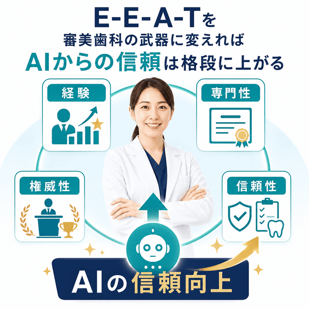 審美歯科の経験・専門性・権威性・信頼性を高めることでAIからの信頼が向上することを示した図